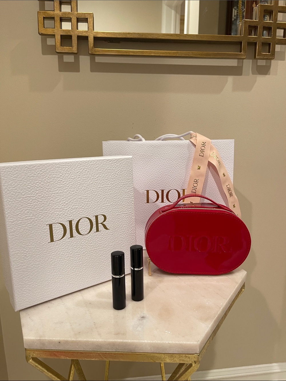 Dior Glossy Red Patent Oval Vanity Case Cosmetic Bag